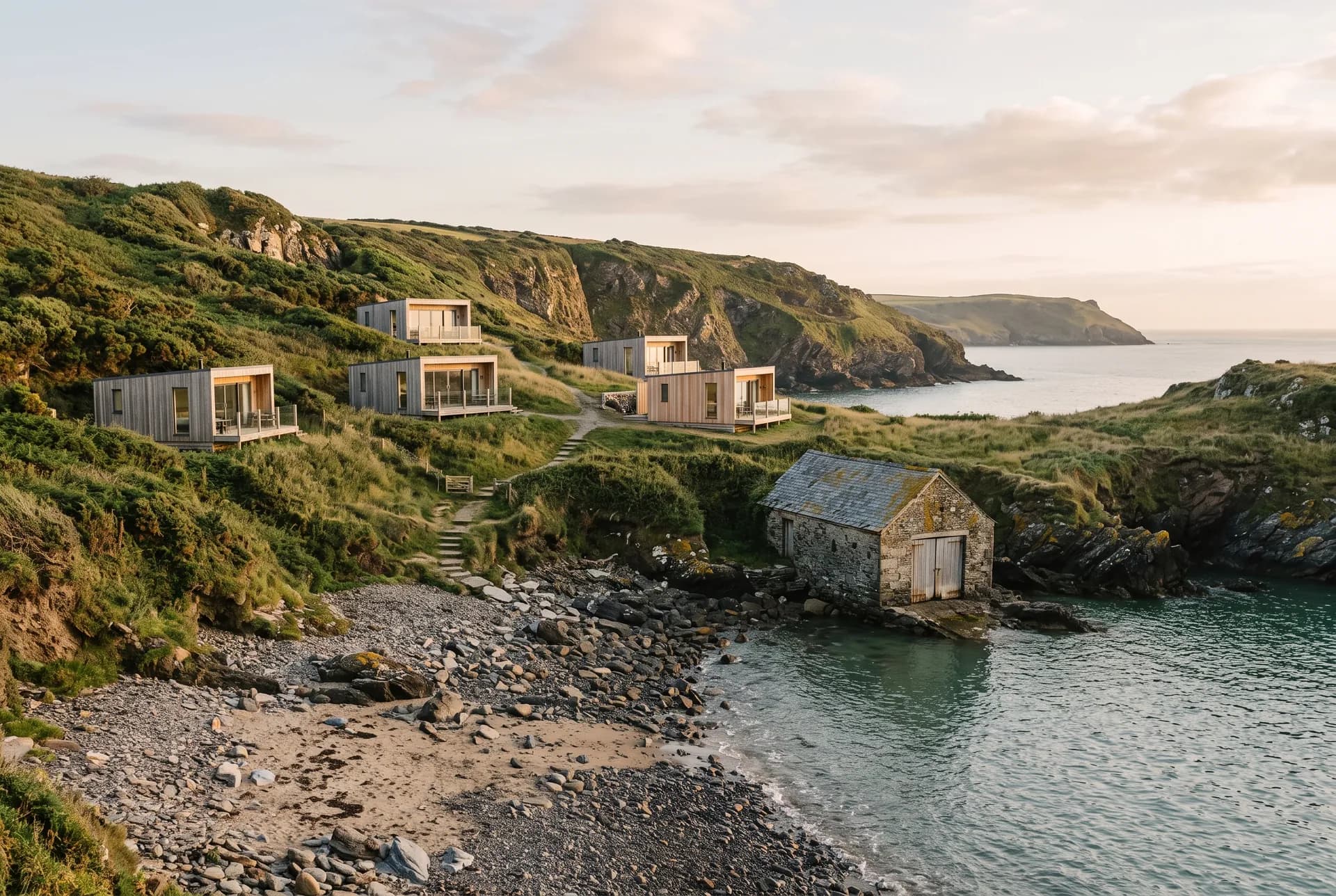 The fictional Kestrel Cove: timber villas above a quiet cove