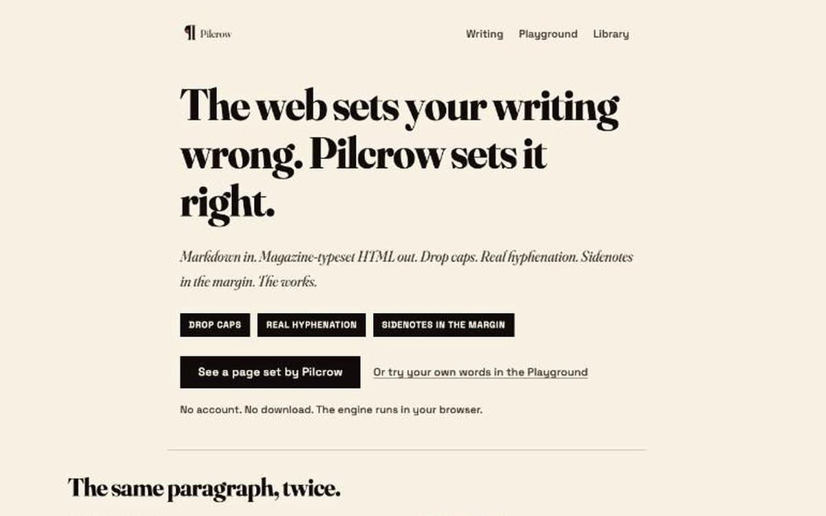 Pilcrow website: magazine-style typesetting for the web